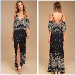 Billabong Desert Dance Washed Black Beige & Cream Boho Print Maxi Dress Medium
